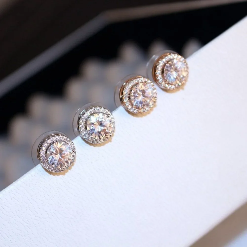 NEW Brilliant Cut Round Diamond Halo Silver Stud Earrings